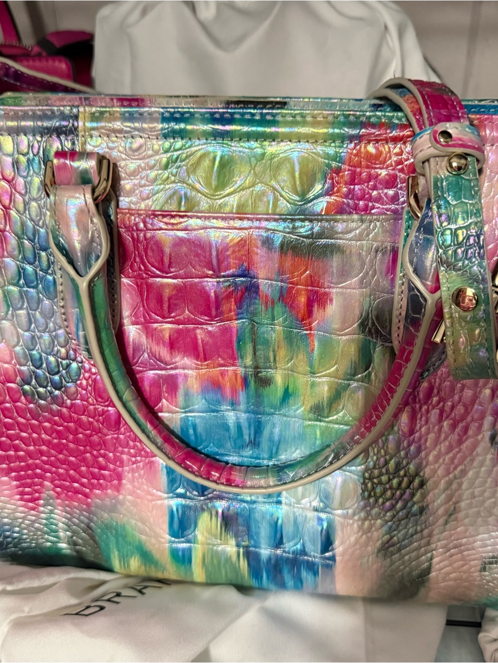Brahmin Iridescent Pink Blue Multicolor Croc-Embossed Tote